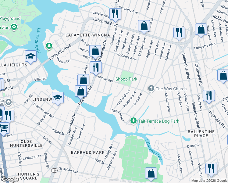map of restaurants, bars, coffee shops, grocery stores, and more near 2713 Bapaume Avenue in Norfolk