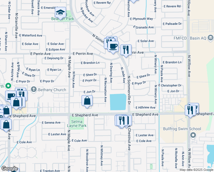 map of restaurants, bars, coffee shops, grocery stores, and more near 9218 North Recreation Avenue in Fresno