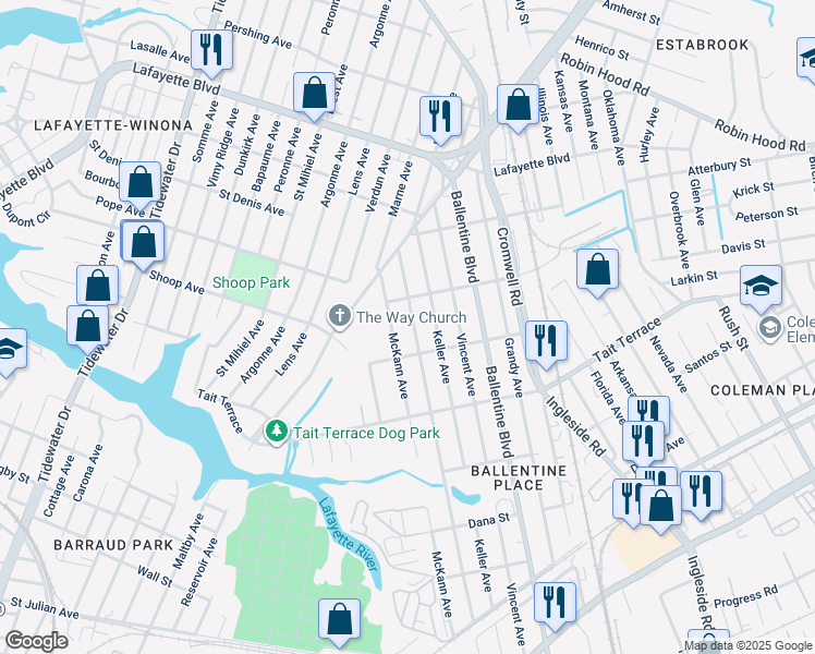 map of restaurants, bars, coffee shops, grocery stores, and more near 2725 Harrell Avenue in Norfolk