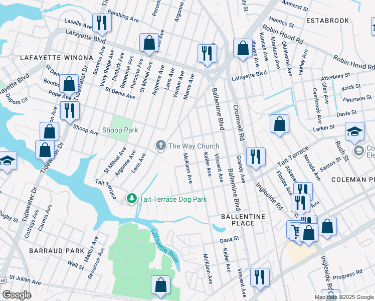 map of restaurants, bars, coffee shops, grocery stores, and more near 2726 McKann Avenue in Norfolk