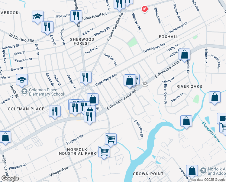 map of restaurants, bars, coffee shops, grocery stores, and more near 1529 Norcova Avenue in Norfolk