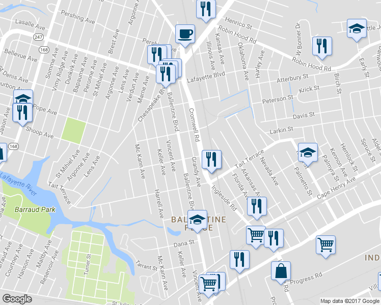 map of restaurants, bars, coffee shops, grocery stores, and more near 2709 Grandy Avenue in Norfolk
