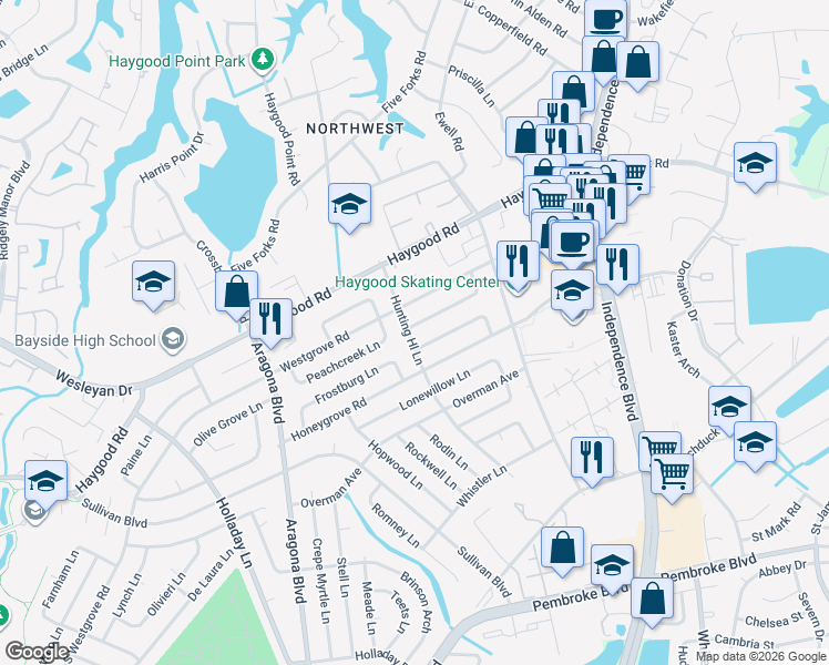 map of restaurants, bars, coffee shops, grocery stores, and more near 4757 Deerfield Lane in Virginia Beach