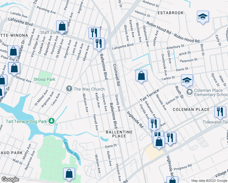 map of restaurants, bars, coffee shops, grocery stores, and more near 2709 Grandy Avenue in Norfolk