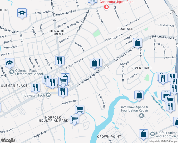 map of restaurants, bars, coffee shops, grocery stores, and more near 1517 Shelton Avenue in Norfolk