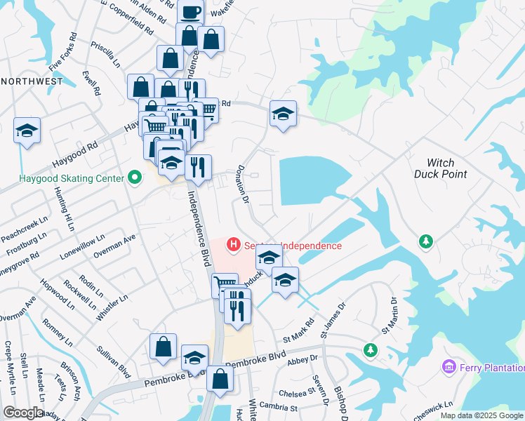 map of restaurants, bars, coffee shops, grocery stores, and more near 4419 Trinity Court in Virginia Beach