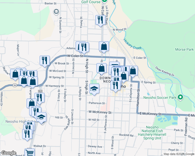 map of restaurants, bars, coffee shops, grocery stores, and more near 100 North College Street in Neosho