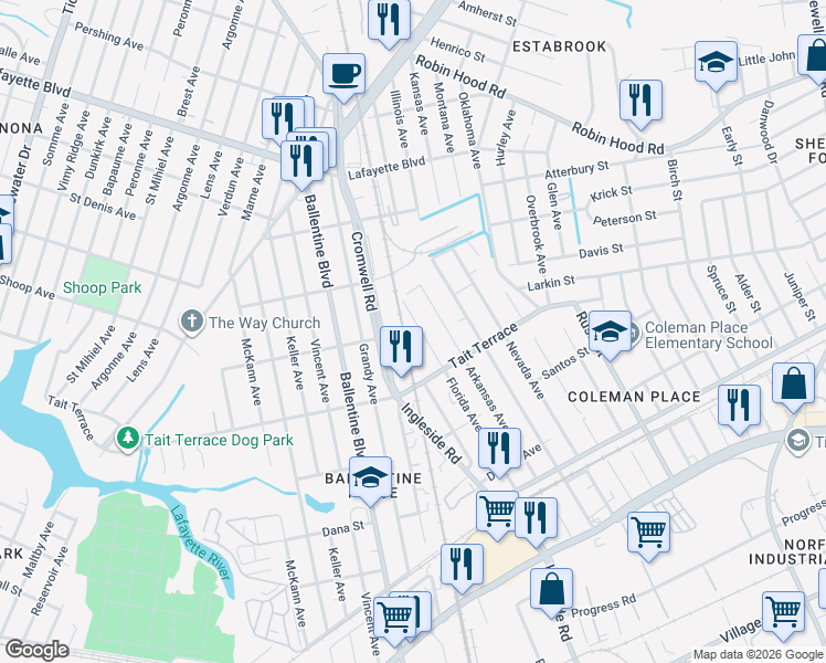 map of restaurants, bars, coffee shops, grocery stores, and more near 2641 Florida Avenue in Norfolk