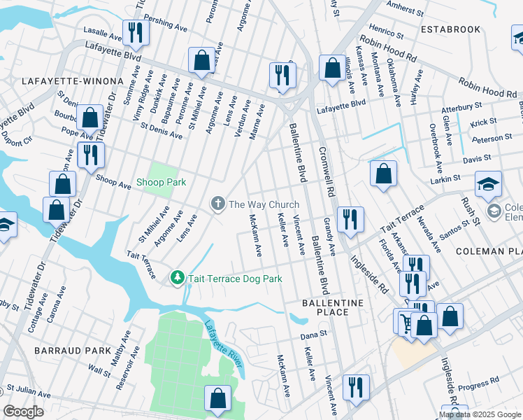 map of restaurants, bars, coffee shops, grocery stores, and more near 2725 Harrell Avenue in Norfolk