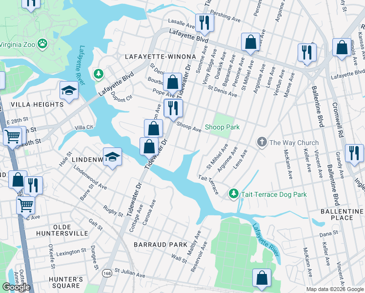 map of restaurants, bars, coffee shops, grocery stores, and more near 2700 Vimy Ridge Avenue in Norfolk