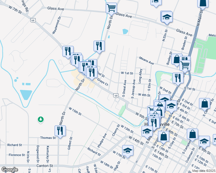 map of restaurants, bars, coffee shops, grocery stores, and more near 901-999 Grays Court in Hopkinsville