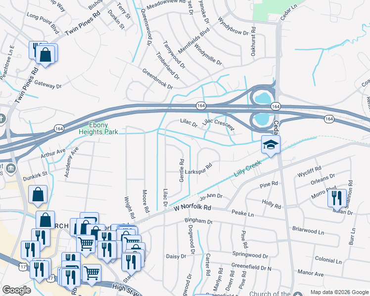 map of restaurants, bars, coffee shops, grocery stores, and more near 3611 Gentle Road in Portsmouth