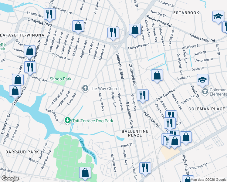 map of restaurants, bars, coffee shops, grocery stores, and more near 2718 Keller Avenue in Norfolk