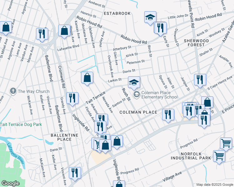 map of restaurants, bars, coffee shops, grocery stores, and more near 2521 Palmetto Street in Norfolk