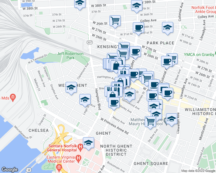 map of restaurants, bars, coffee shops, grocery stores, and more near 900 Brandon Avenue in Norfolk