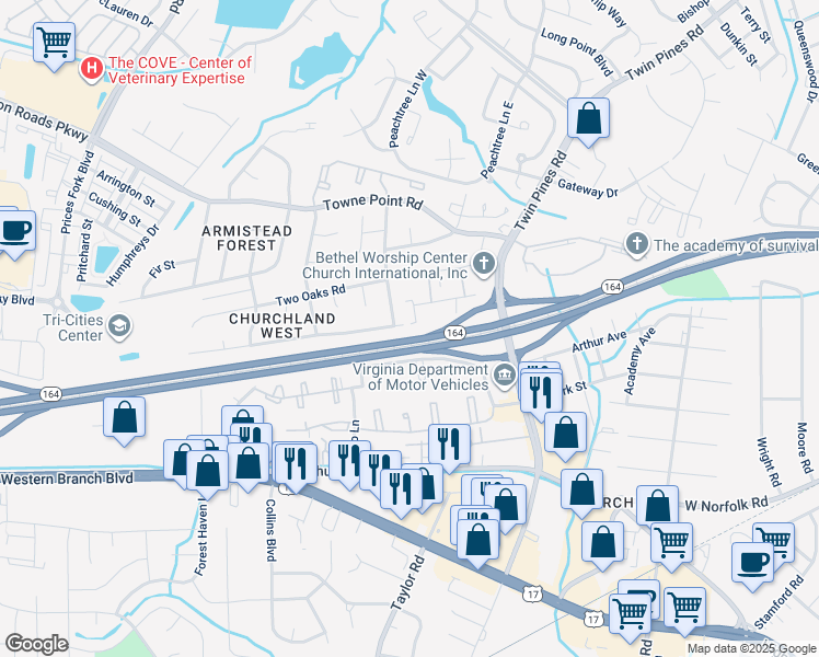 map of restaurants, bars, coffee shops, grocery stores, and more near 97 Pepperwood Place in Portsmouth