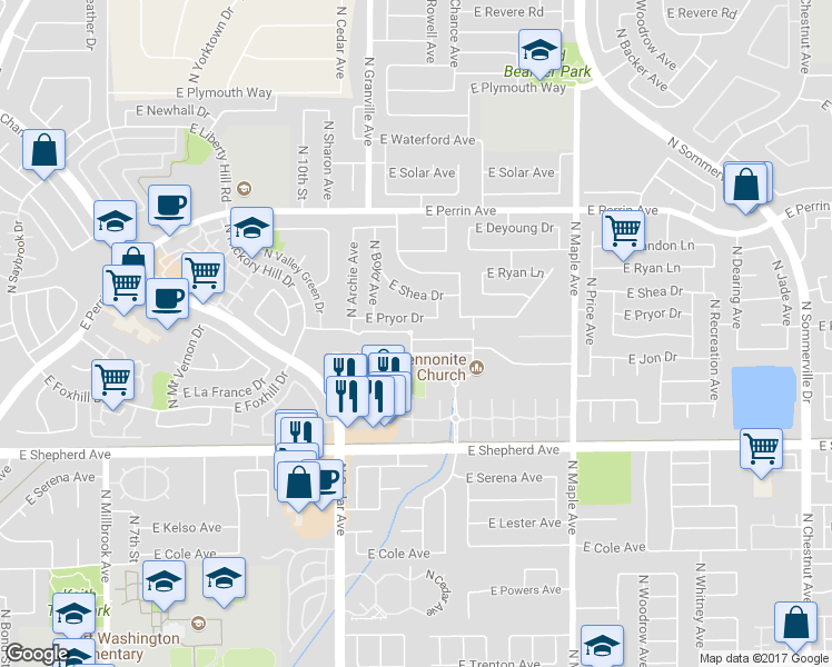 map of restaurants, bars, coffee shops, grocery stores, and more near 1642 East Morningstar Lane in Fresno