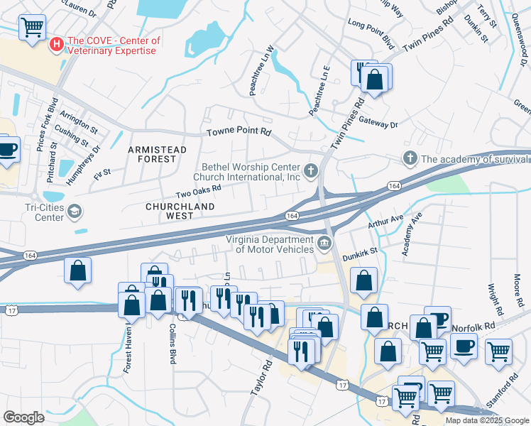 map of restaurants, bars, coffee shops, grocery stores, and more near 97 Pepperwood Place in Portsmouth