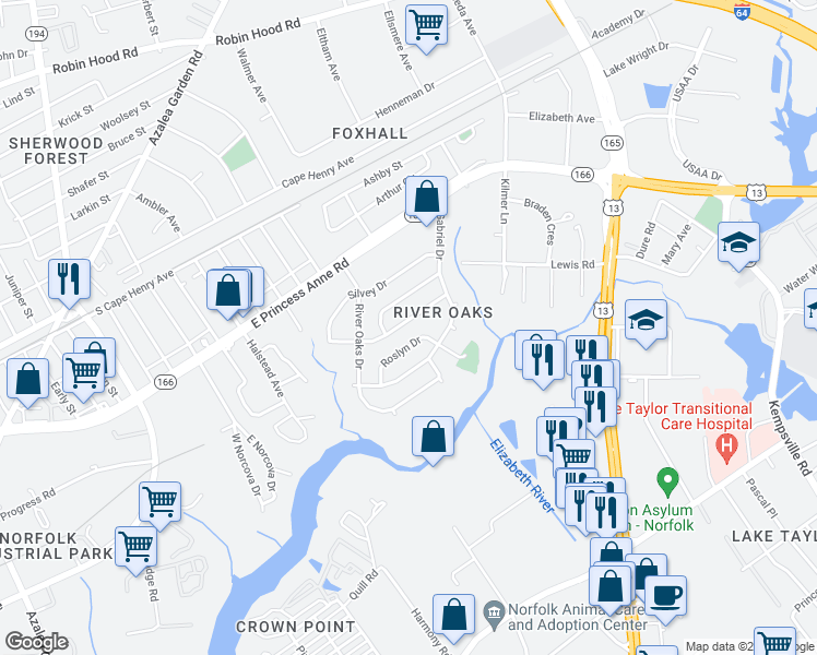 map of restaurants, bars, coffee shops, grocery stores, and more near 5337 Julianna Drive in Norfolk