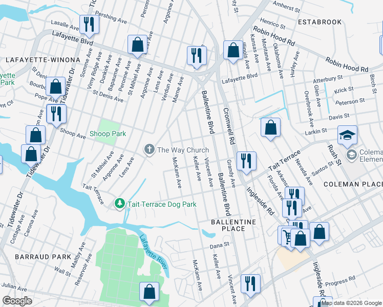 map of restaurants, bars, coffee shops, grocery stores, and more near 2718 Keller Avenue in Norfolk
