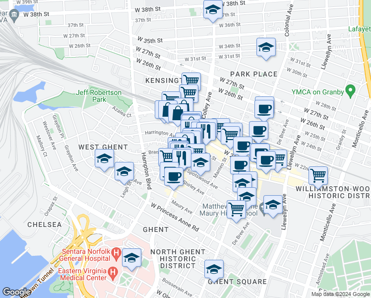 map of restaurants, bars, coffee shops, grocery stores, and more near 808 Gates Avenue in Norfolk