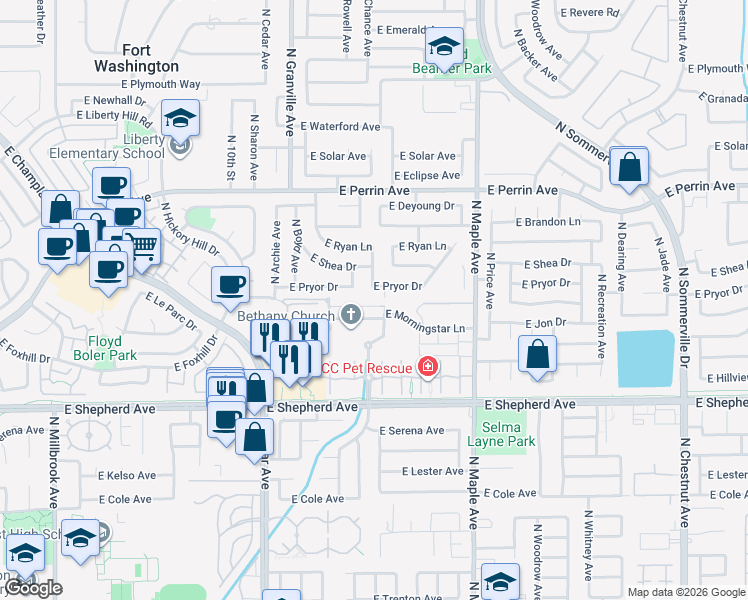 map of restaurants, bars, coffee shops, grocery stores, and more near 1702 East Morningstar Lane in Fresno