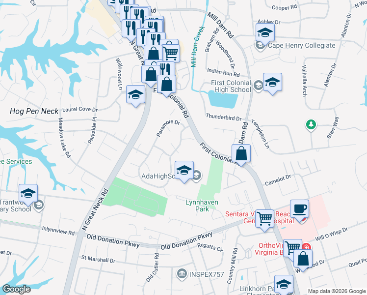 map of restaurants, bars, coffee shops, grocery stores, and more near 1313 Paramore Drive in Virginia Beach