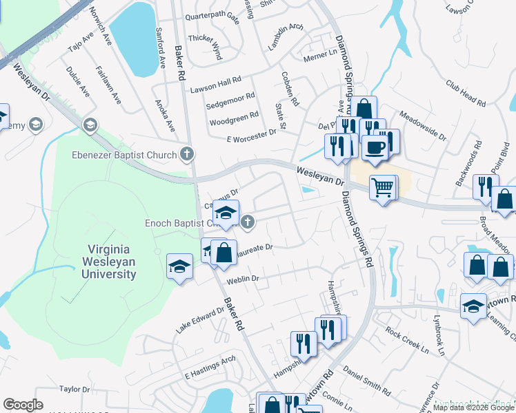 map of restaurants, bars, coffee shops, grocery stores, and more near 5569 Keydet Drive in Virginia Beach