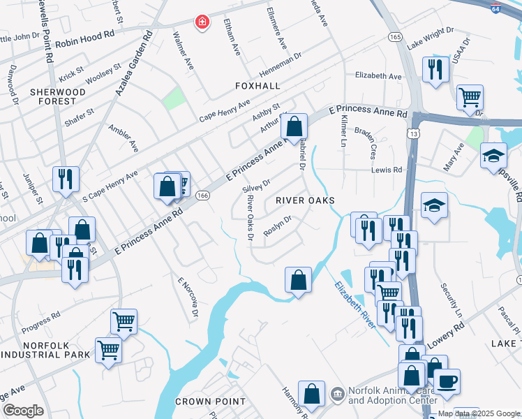map of restaurants, bars, coffee shops, grocery stores, and more near 5324 Julianna Drive in Norfolk