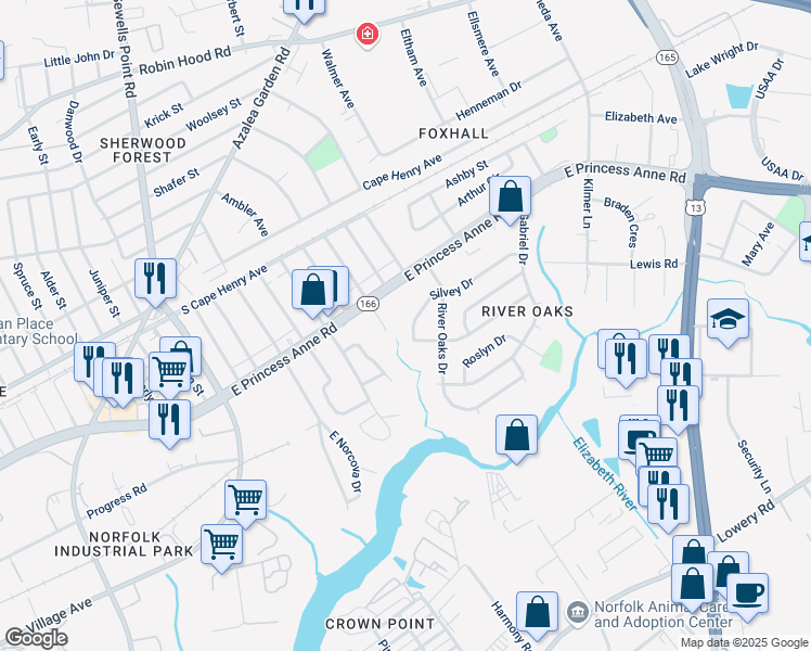 map of restaurants, bars, coffee shops, grocery stores, and more near 5216 Silvey Drive in Norfolk