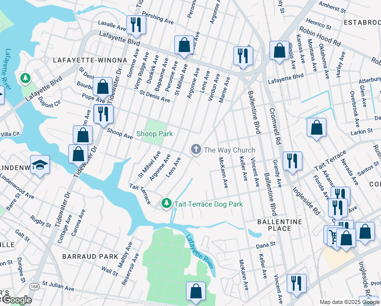 map of restaurants, bars, coffee shops, grocery stores, and more near 2628 Shoop Avenue in Norfolk