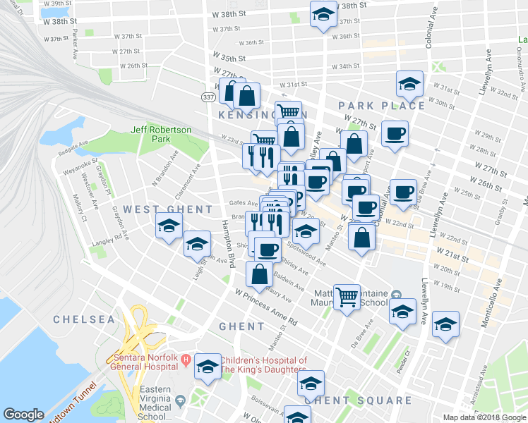 map of restaurants, bars, coffee shops, grocery stores, and more near 900 Brandon Avenue in Norfolk