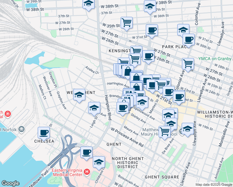 map of restaurants, bars, coffee shops, grocery stores, and more near 900 Brandon Avenue in Norfolk