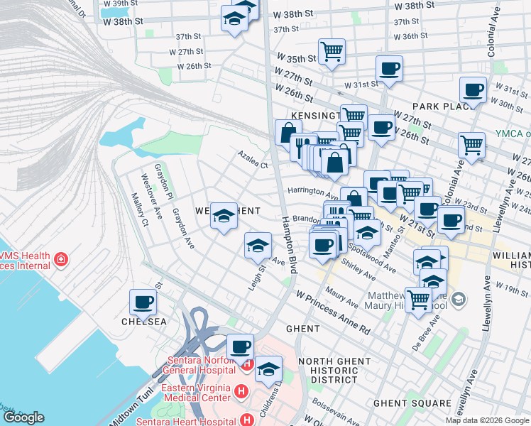 map of restaurants, bars, coffee shops, grocery stores, and more near 1016 Brandon Avenue in Norfolk