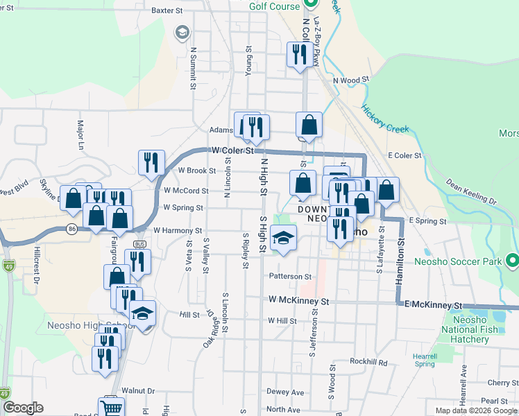 map of restaurants, bars, coffee shops, grocery stores, and more near 415 West Spring Street in Neosho