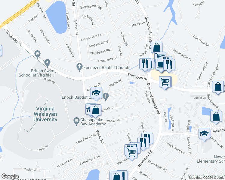 map of restaurants, bars, coffee shops, grocery stores, and more near 5540 Old Guard Crescent in Virginia Beach