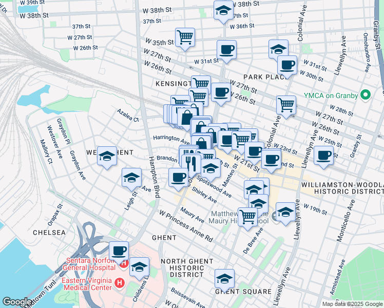 map of restaurants, bars, coffee shops, grocery stores, and more near 816 Gates Avenue in Norfolk