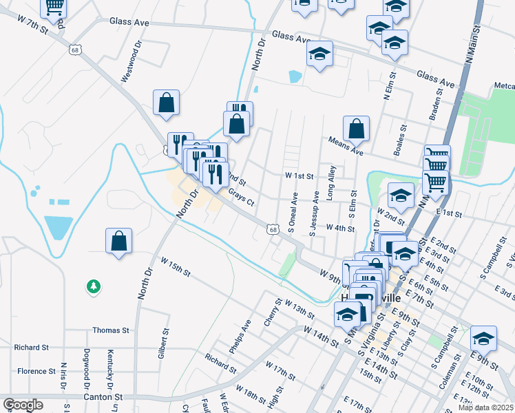 map of restaurants, bars, coffee shops, grocery stores, and more near 901 Grays Court in Hopkinsville