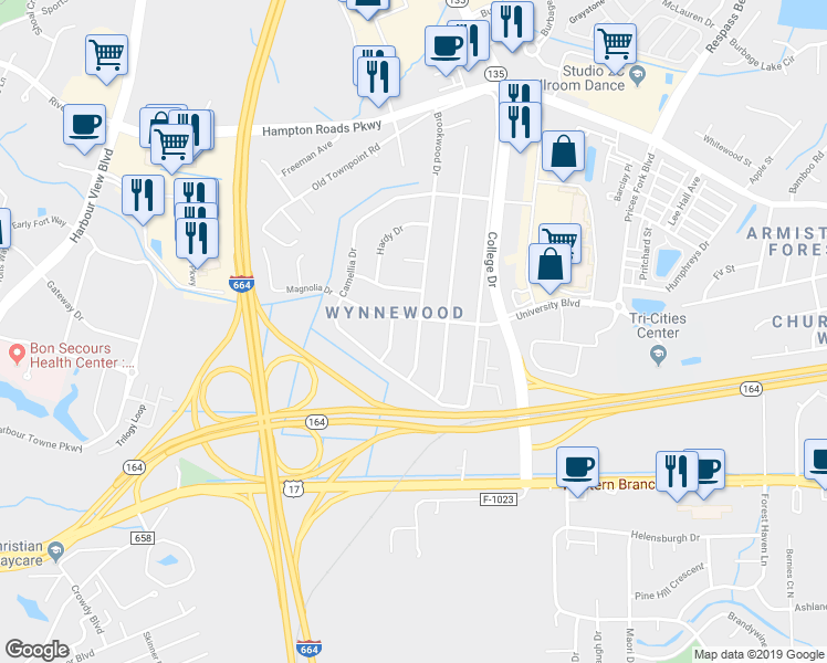 map of restaurants, bars, coffee shops, grocery stores, and more near 5925 Brookwood Drive in Suffolk
