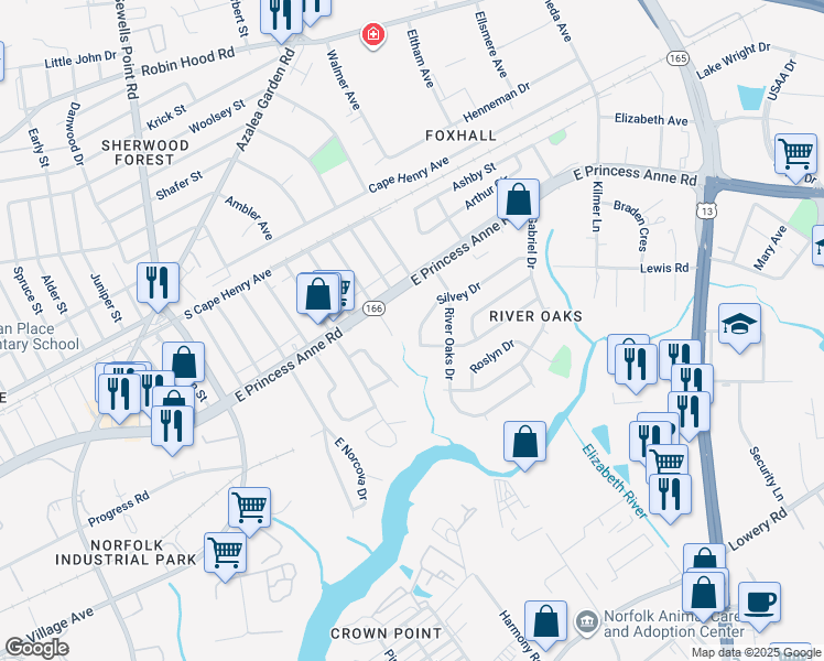 map of restaurants, bars, coffee shops, grocery stores, and more near 5216 Silvey Drive in Norfolk