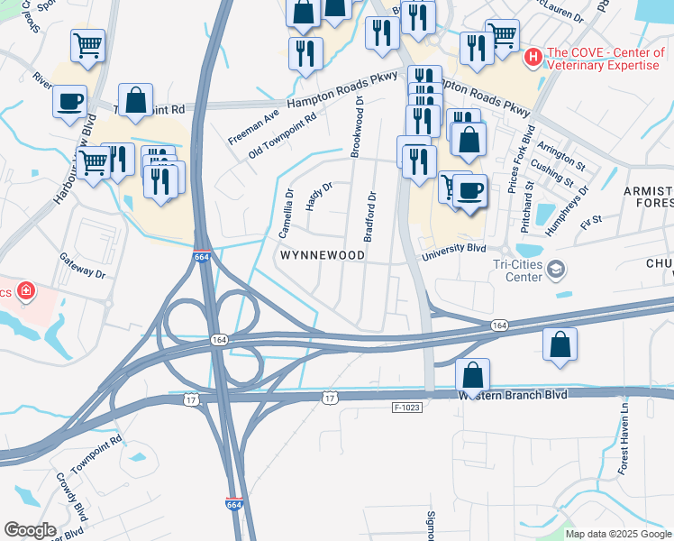 map of restaurants, bars, coffee shops, grocery stores, and more near 5925 Brookwood Drive in Suffolk