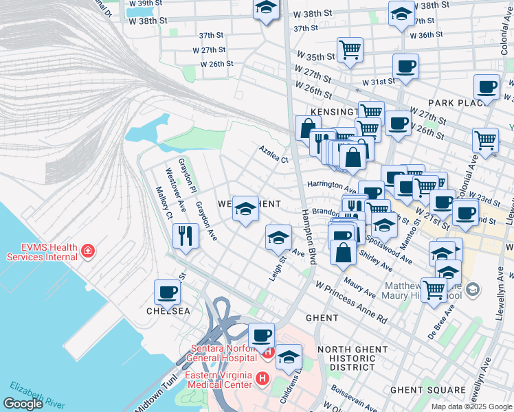 map of restaurants, bars, coffee shops, grocery stores, and more near 1602 Claremont Avenue in Norfolk