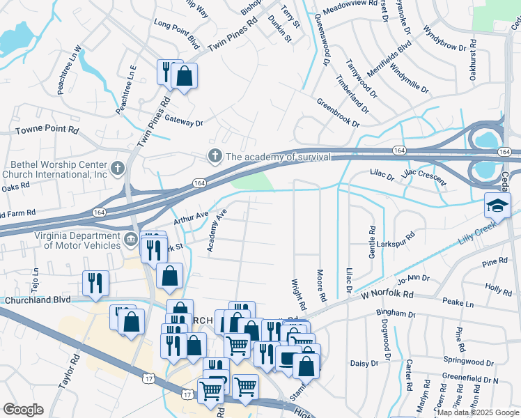 map of restaurants, bars, coffee shops, grocery stores, and more near 5811 Fawkes Street in Portsmouth