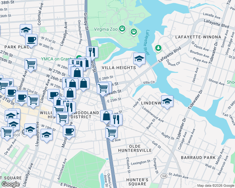 map of restaurants, bars, coffee shops, grocery stores, and more near 753 E 26th St in Norfolk