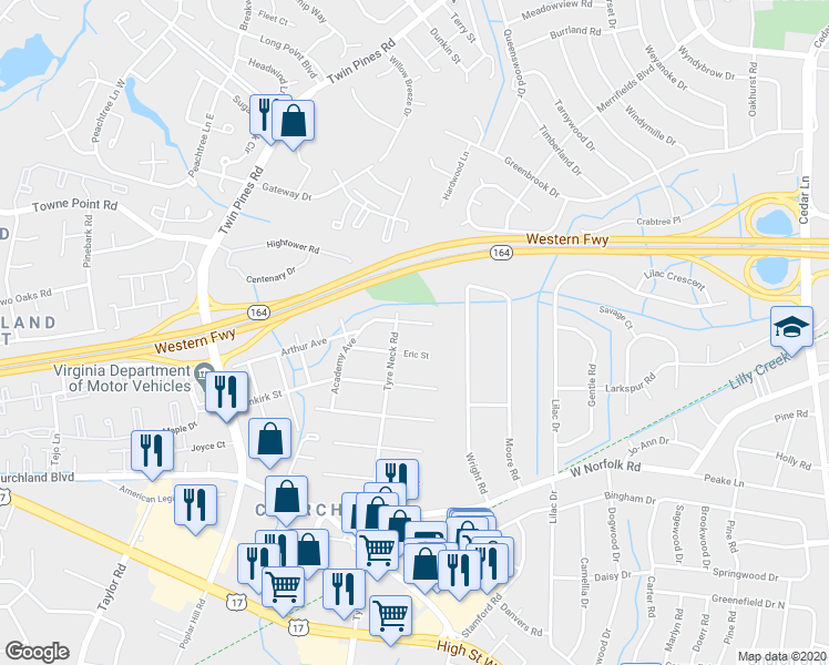 map of restaurants, bars, coffee shops, grocery stores, and more near 5811 Fawkes Street in Portsmouth