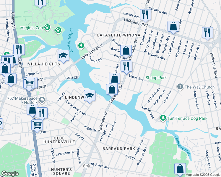 map of restaurants, bars, coffee shops, grocery stores, and more near 1763 Jason Avenue in Norfolk