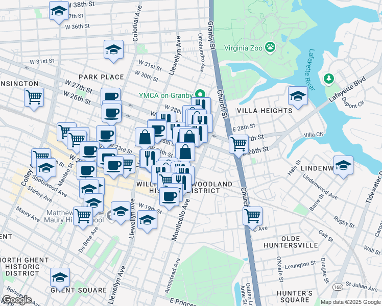 map of restaurants, bars, coffee shops, grocery stores, and more near 2410 Granby Street in Norfolk