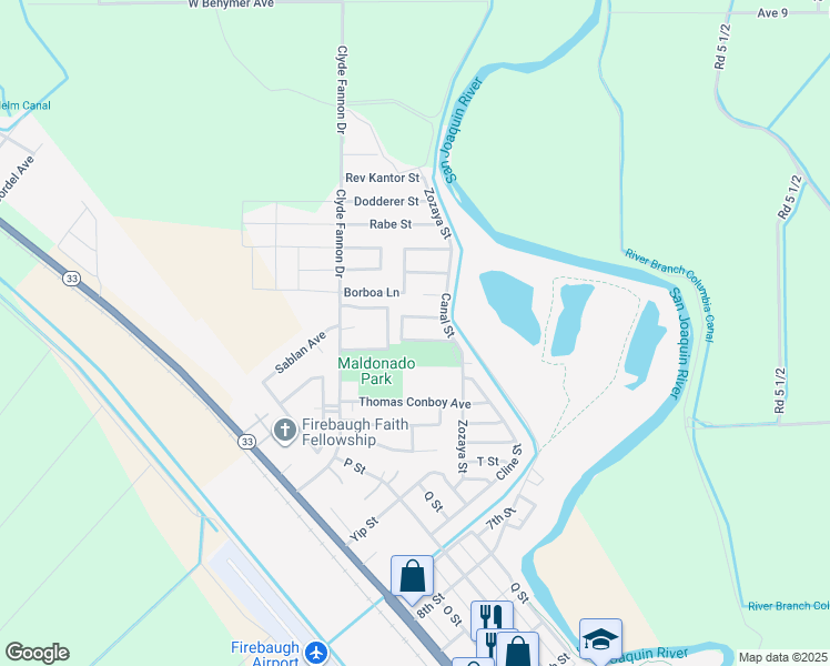 map of restaurants, bars, coffee shops, grocery stores, and more near 727 Father Craig Street in Firebaugh