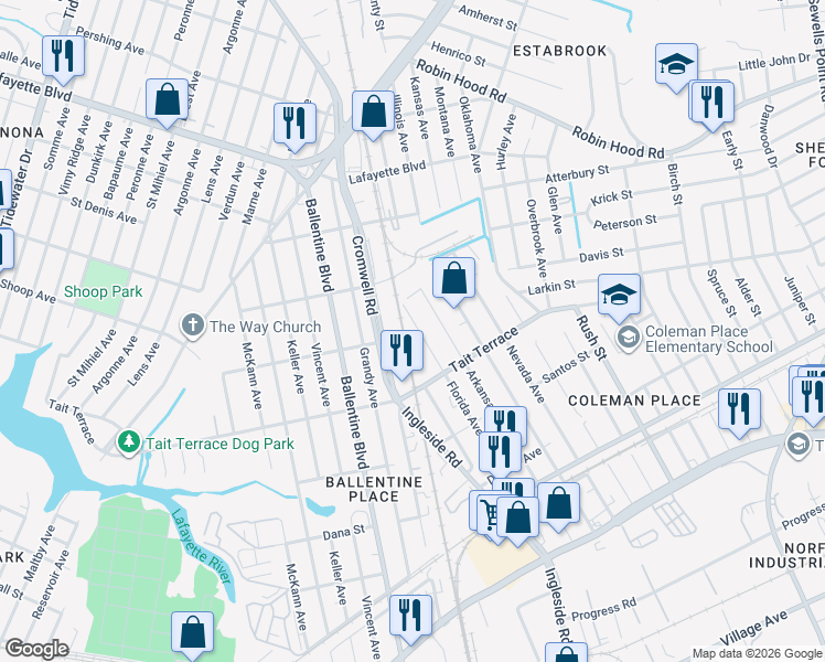 map of restaurants, bars, coffee shops, grocery stores, and more near 2641 Florida Avenue in Norfolk