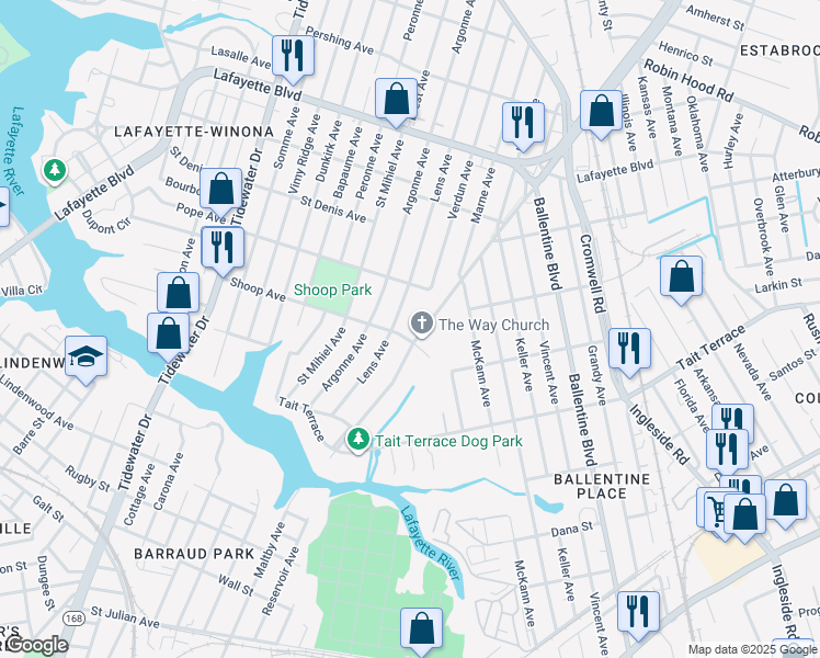map of restaurants, bars, coffee shops, grocery stores, and more near 2628 Shoop Avenue in Norfolk